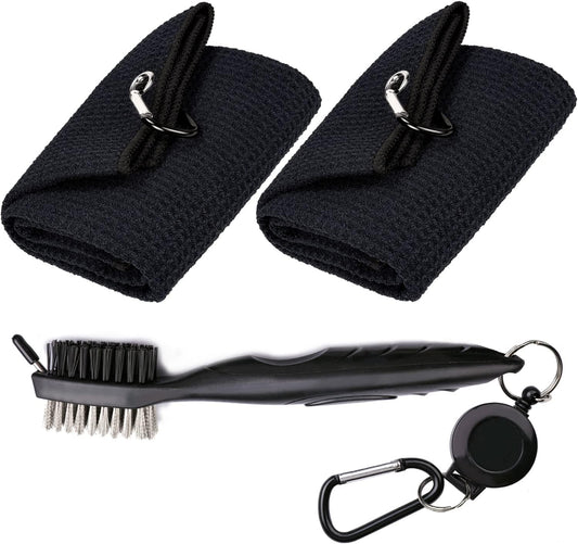 Golf Towels, Microfiber Waffle Pattern Tri-fold Golf Towel - Brush Tool Kit with Club Groove Cleaner, with Clip Men Women Golf Gifts (2 Black Towel+Black Brush)
