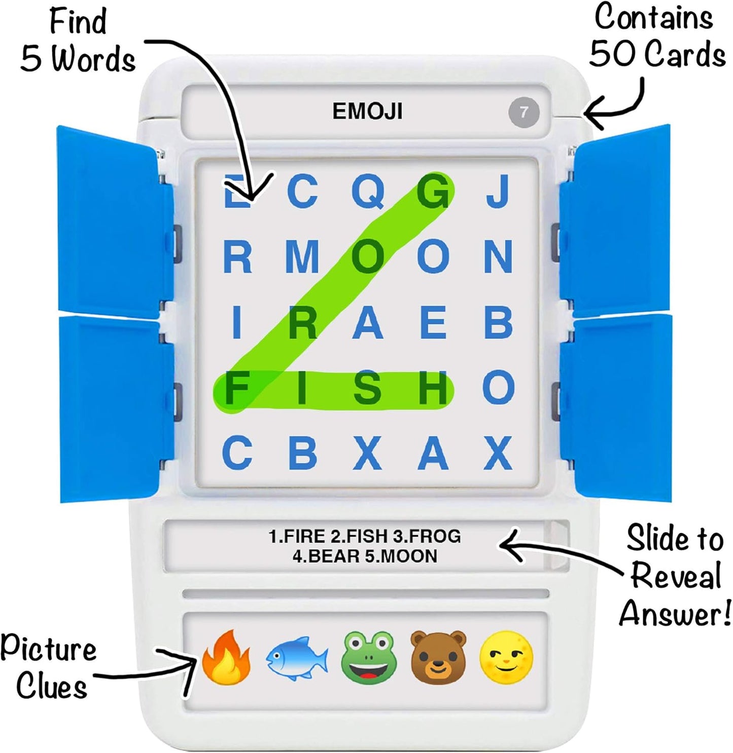 100 PICS Word Search Travel Game - 100 Puzzles with Picture Clues | 50 Wipe Clean Cards with Slide Reveal case and Pen | Activity, Gift, Stocking Stuffer | for Kids and Adults, Age 6+