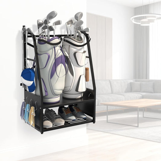 2-in-1 Wall Mount Golf Bag Organizer - Holds 2 Golf Bags w/ 4 Club Racks, 10 Hooks & Storage Shelf - Free-Standing Golf Bag Stand w/Adjustable Feet for Garage, Store, Club, Shed