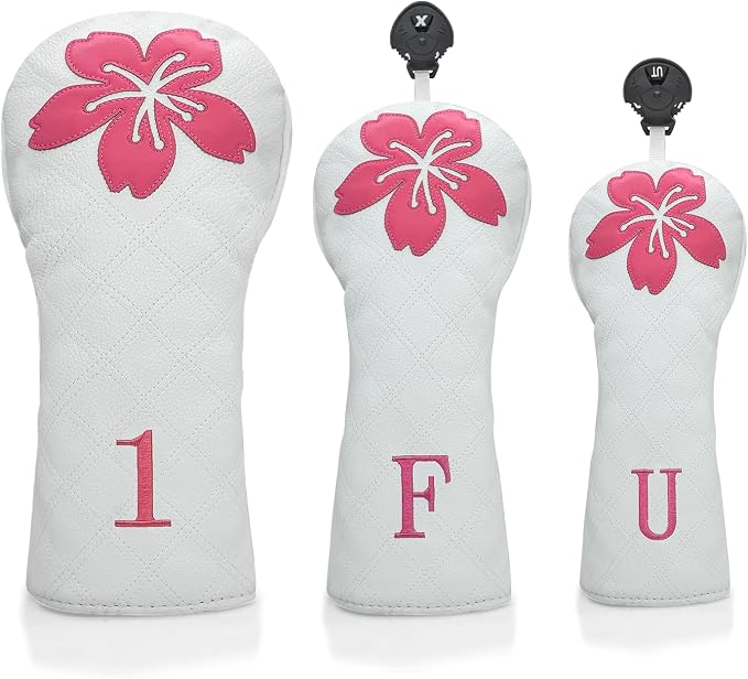 Grid Cherry Blossom Design Golf Covers PU Headcovers Set Fits Driver Fairway - Image 4