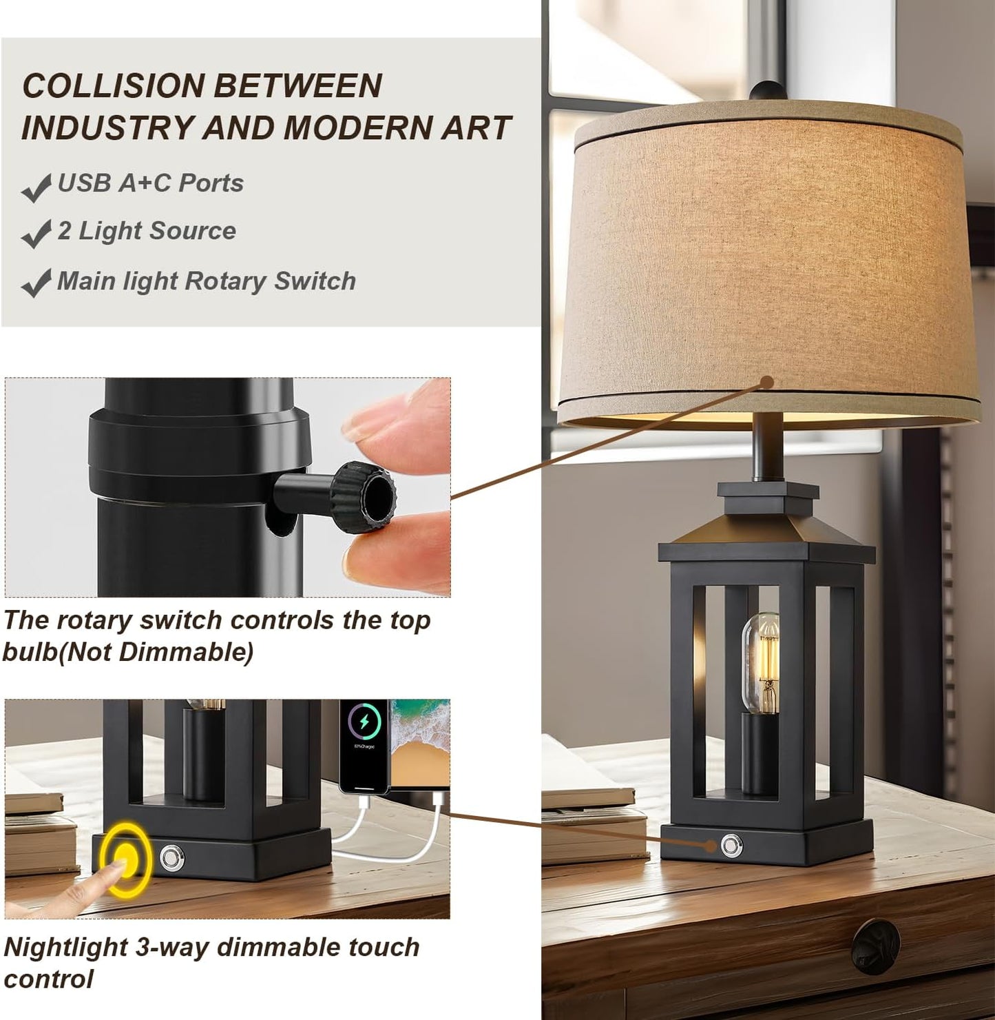 23.75" Retro Farmhouse Black Table Lamp for Living Room Bedroom Nightstand Set of 2 Touch Control Bedside Nightlight Vintage Modern Lamp with USB C+A Ports and 2 Light Sources