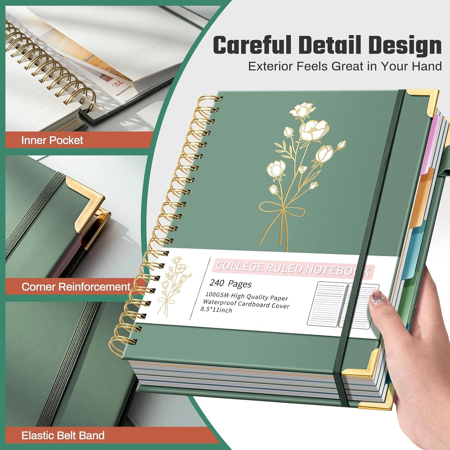 Hardcover Spiral Notebooks 8.5" X 11" Note Taking 5 Subject Notebook College Ruled with Dividers 240 Pages 100GSM Aesthetic Spiral Notebook for Work School Cute Journals for Women Writing