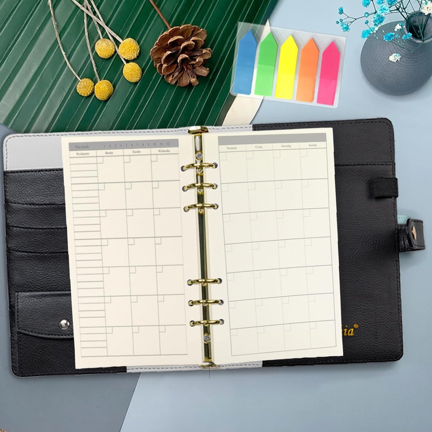 Harphia A6 6 Holes Binder Refill Value Set, 90Sheets Monthly Planner Insert, 5 Sheets Divider Paper, Today ruler With Inch Unit, Translucent Zipper Bag, Pvc Card Bag, 200Pcs Colorful Index Stickers