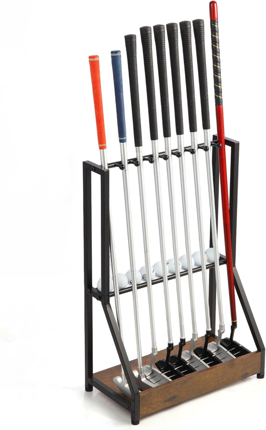 Golf Putter Stand for 9 Clubs & 9 Balls, Solid Wood & Iron Golf Club Rack