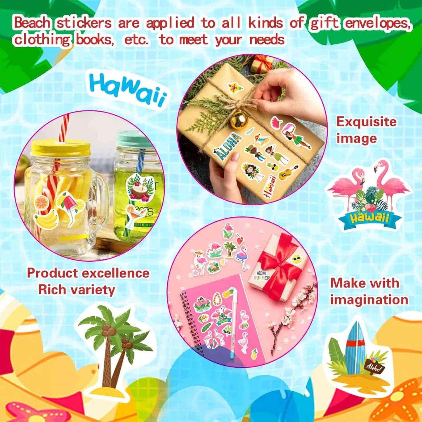24 Sheets Summer Pool Beach Stickers Luau Hawaii Sun Stickers Sea Beach Watermelon Beer Ice Cream Pineapple Sticker for Hawaii Tropical Decoration Sticker Summer Holiday Party Favors