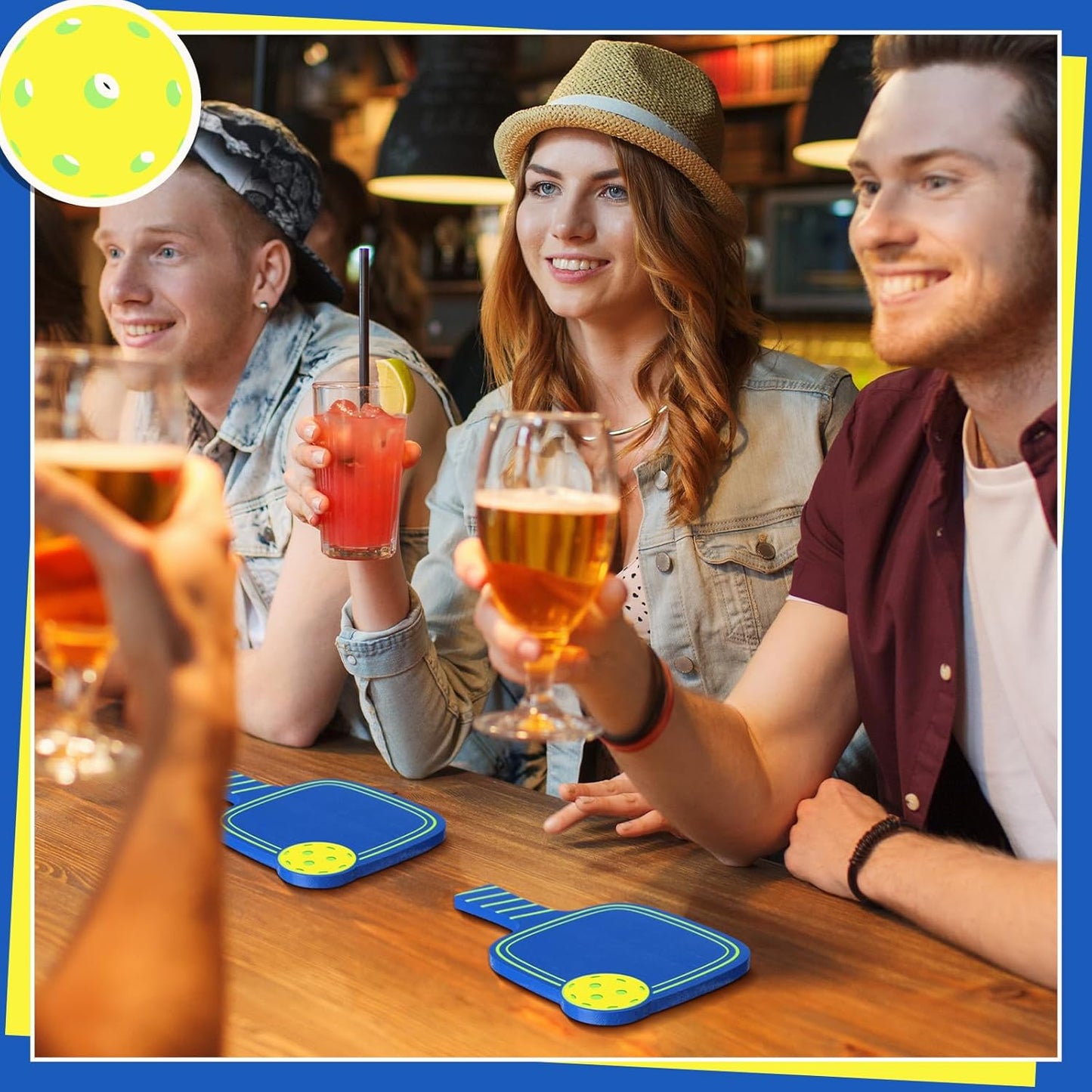 Hushee 6 Pcs Dinkball Drink Coasters Wood Coasters Set Paddle Shape with Handle Funny Gift for Women Men Sports Lovers Fans Party Favors Decorations (Blue)