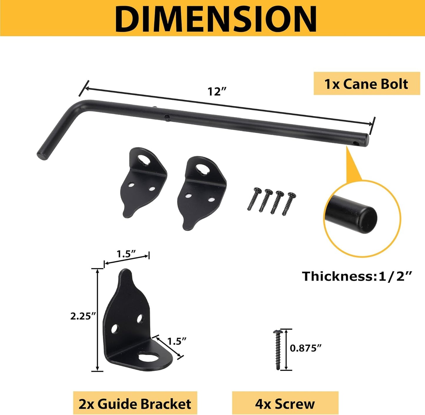 12" Heavy Duty Cane Bolts for Gates with Black Rustproof Powder Upgraded Hardware Gate Drop Rod for Wood PVC Vinyl Fences Gates, Double Doors-1 Pack