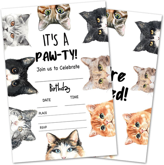 It's a paw-ty! Birthday Invitations, Cat Party Invitations, 20 Double-Sided Fill In Invitation with Envelopes for Boys Girls, Birthday Party Decorations Favor