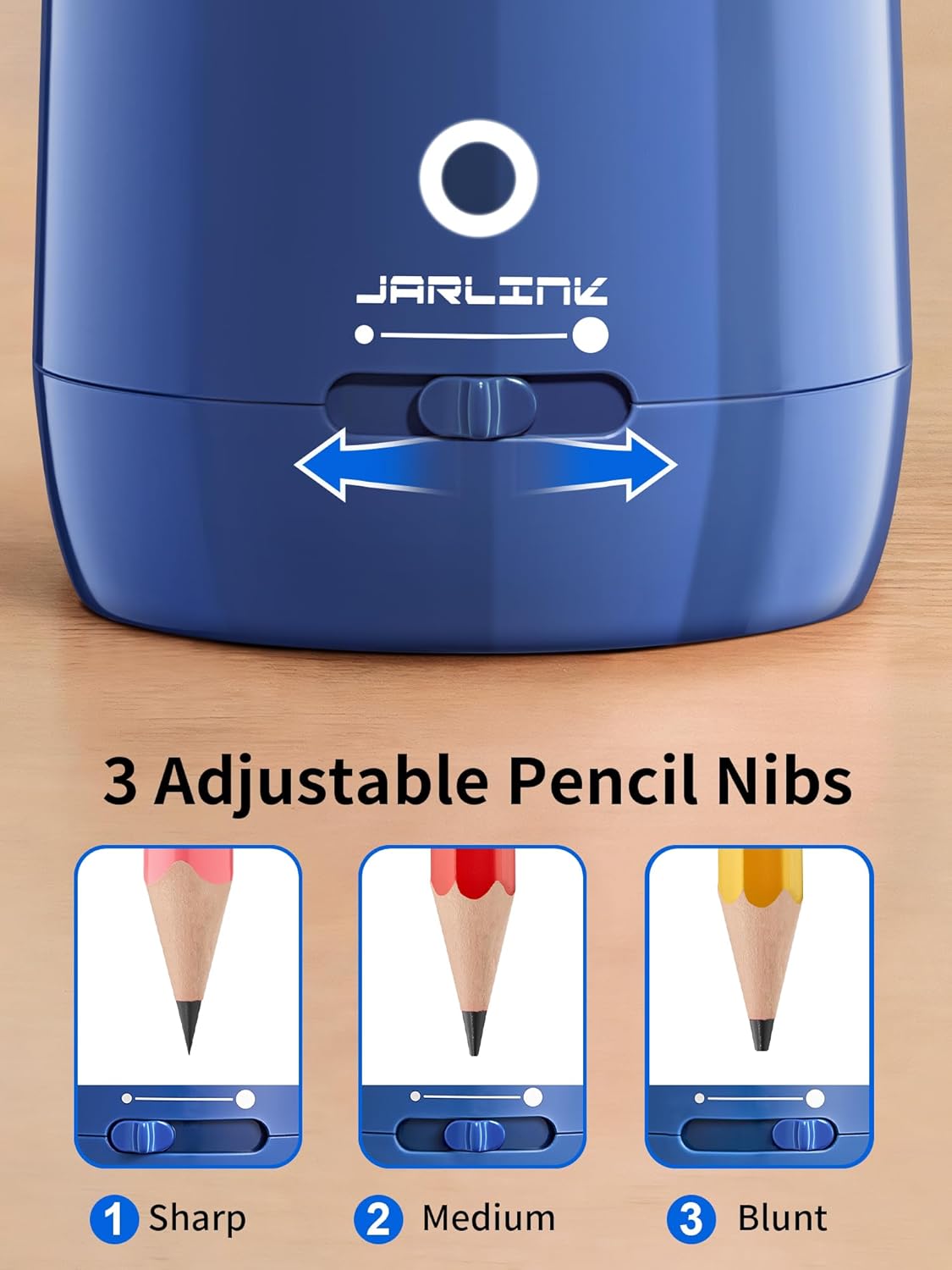 JARLINK Automatic Electric Pencil Sharpener - Hands-Free Operation, 3 Sharpness Modes, 3-Second Sharpening, Rechargeable & Portable for 7-12mm Pencils, Ideal for Classroom and Home Use (Blue)