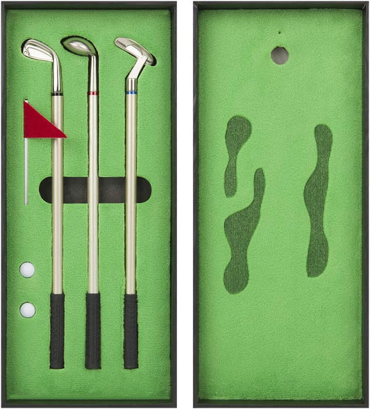 Golf Pen Set, Mini Desktop Golf Ball Pen, Top Golf Gift with Putting Green, 3 Golf Clubs Pens with Balls and Flag