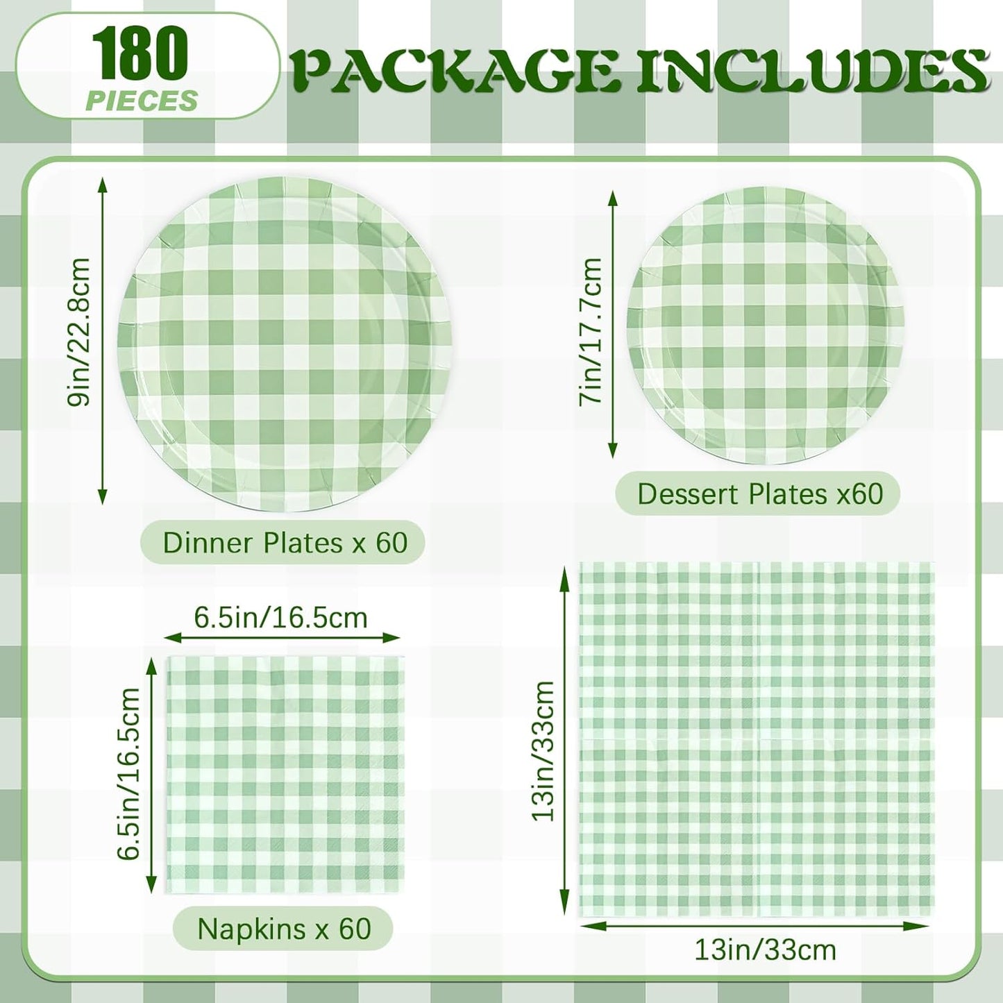 180Pcs Green Gingham Party Supplies Paper Plates and Napkins Serve 60 Disposable Tableware Set for Birthday Party Decorations Game Day Family School Holiday Sports Events