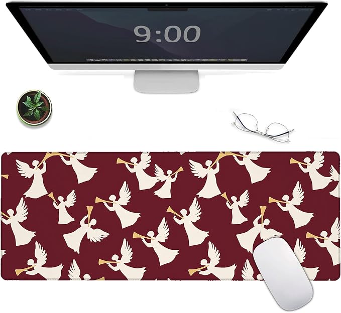 Cute Angel Large Gaming Mouse Pad, Elegant Trumpet Spiritual Desk Mat, by Unknown
