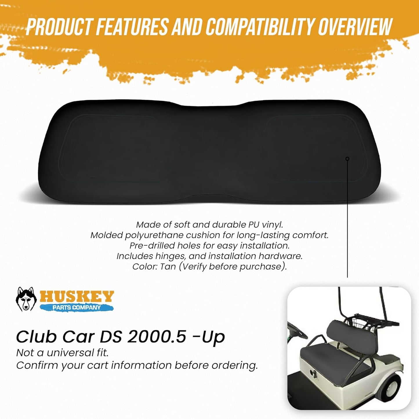 Huskey Parts Company Golf Cart Seat Cushion for Front Seat Lean Back, Black Color for DS 2005 and up, Golf Cart Front Seat Replacement with Mounting Hardware