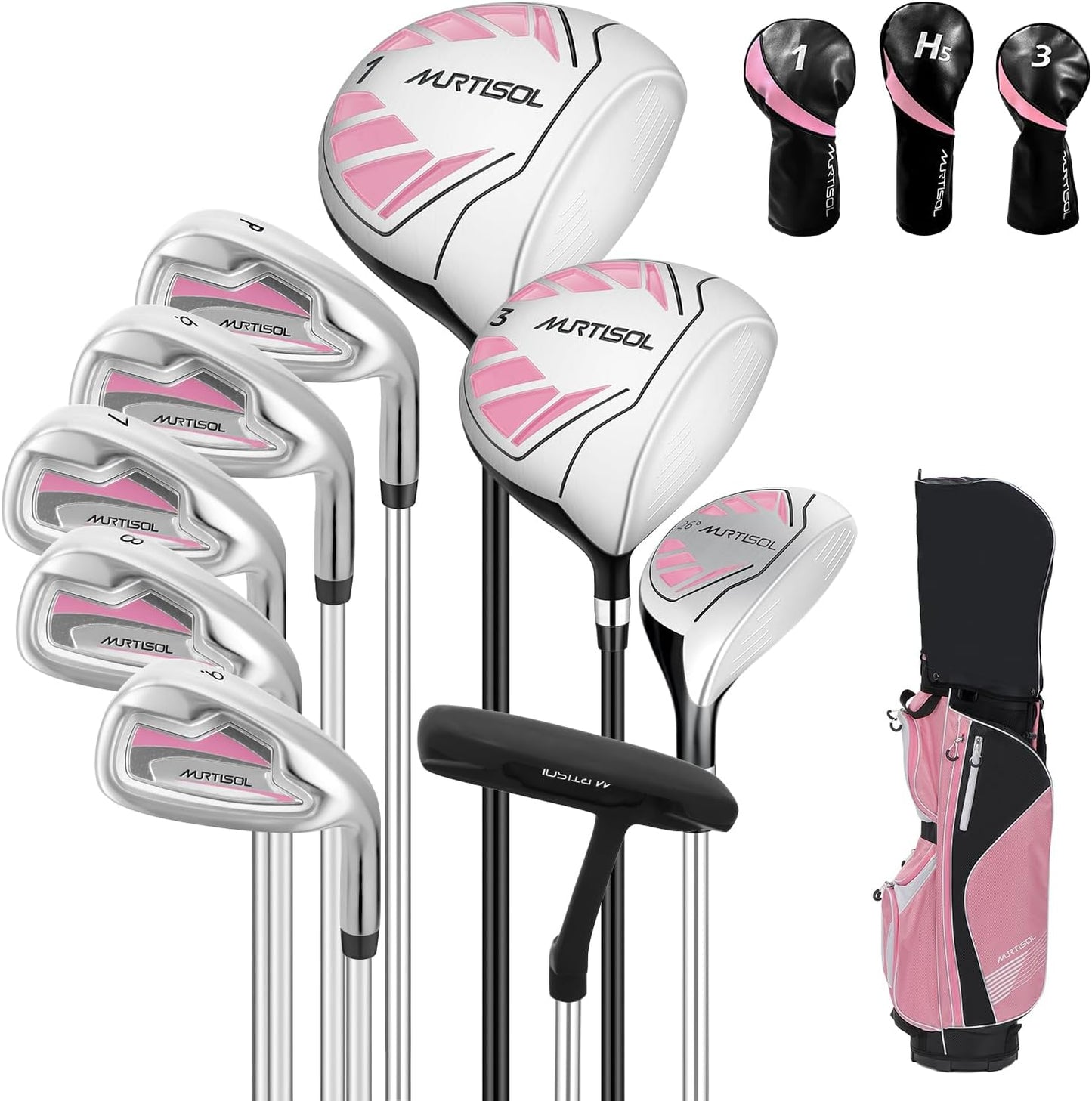 10 Pieces Golf Clubs Full Set Mens Right Hand,Golf Set Includes Stand Bag with Rain Hood, 1#Driver 3#Wood #5 Hybrid,with 3 Head Covers, 6# 7# 8# 9# PW# Irons and Putter