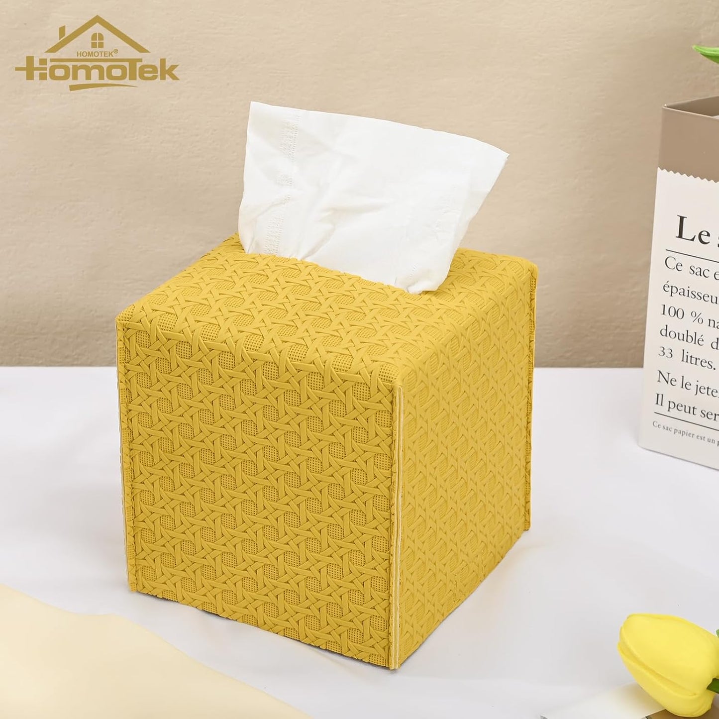 HOMOTEK 2 Pack Tissue Box Cover, Square PU Leather Tissue Holder, Decorative Facial Tissue Cube Paper Organizer Dispenser for Bathroom, Night Stands, Desk, Car 5X5X5'' - Rattan Weave,Mango Yellow
