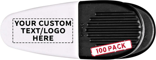 100 Magnetic Memo Holders Set - Customizable Text, Logo - Large Clip, Plastic - White Black