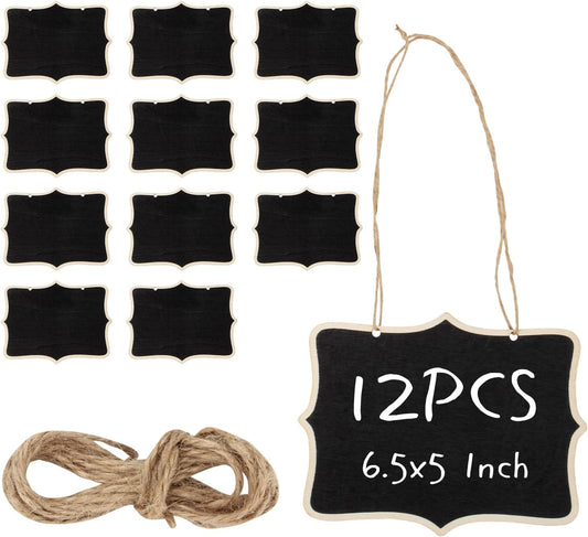 12 Pcs Mini Wooden Chalkboard Signs for Message Board Signs, Mini Chalkboards Hanging Price Tags with String, 6.5x5 Inch Rectangle Chalkboards Message Board Hanging Signs for Party Buffet Food