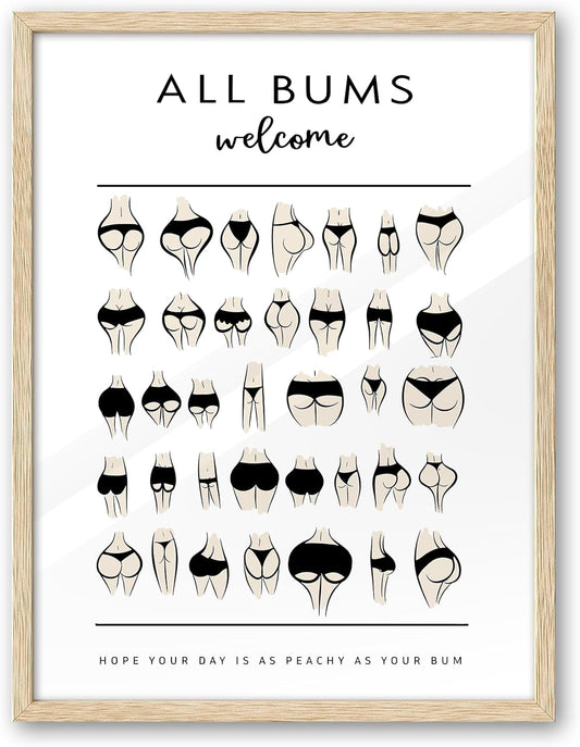 iHery Natural OAK Walnut Color Wood Nice Bum Framed Wall Art, 12x16in All Bums Are Welcome Nice Butt Bathroom Wall Art, Canvas Funny Bathroom Sign Wall Decor For Toilet Set of 1 Gift