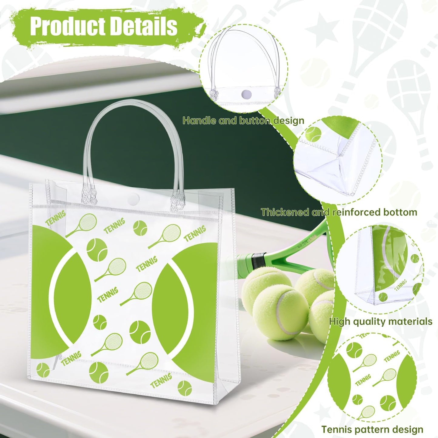 24 Pieces Tennis Clear PVC Gift Bag with Handles Tennis Transparent Treat Goodie Bags 8 x 8 x 3.2Inch Sport Theme Party Favor Bag for Birthday Holiday Sports Team (tennis)