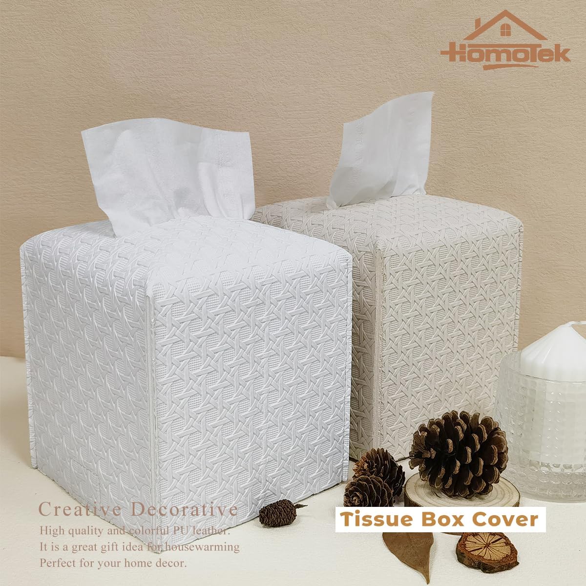 HOMOTEK 2 Pack Tissue Box Cover,PU Leather Tissue Holder,Square Decorative Facial Tissue Cube Paper Organizer Dispenser for Bathroom, Night Stands, Desk, Car 5X5X5'' - Rattan Weave, Pure White