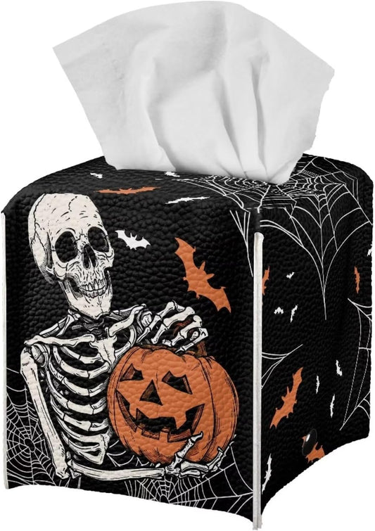 Halloween Tissue Holder for Bathroom Skull Pumkin Bat Spider Web Print Modern Decorative Tissue Box Case Organizer Holder with Bottom Belt Easy to Install Fits Square Tissues Box Covers
