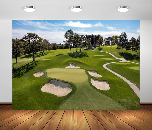 BELECO 12x8ft Fabric Golf Course Backdrop for Photography Green Grass Lawn Bunker Trees Blue Sky White Clouds Outdoor Golf Backdrop Golf Party Decorations Birthday Shoot Holiday Photo Studio Props