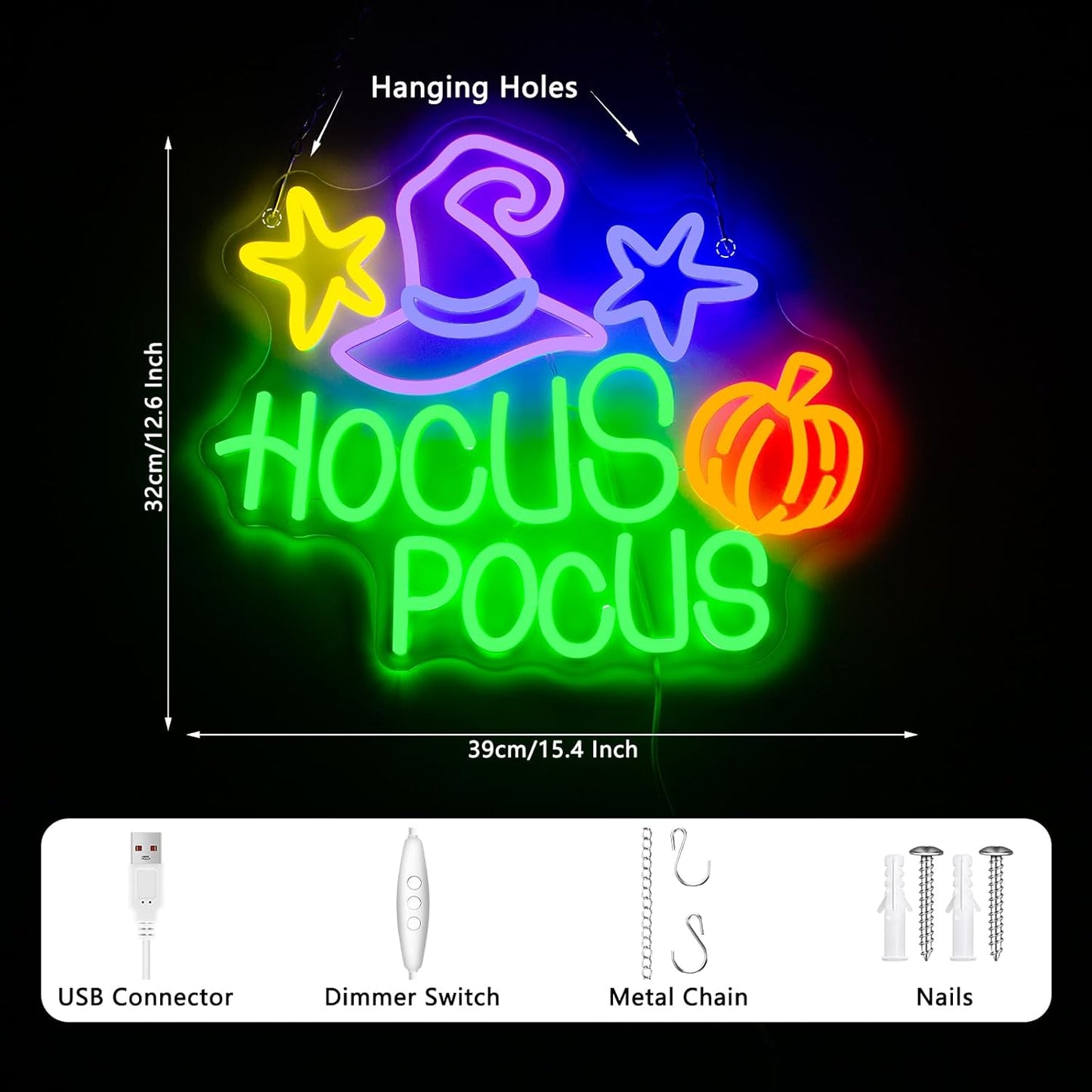 Hocus Pocus Neon Sign, Dimmables Neon Signs For Wall Decor, Funny Led Light Up Signs for Bedroom Bar Man Cave Home Halloween Party Decorations Gifts