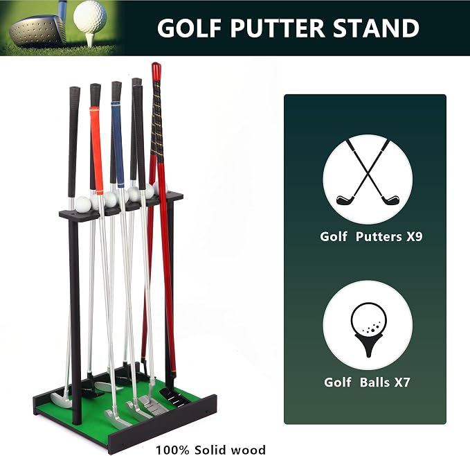 Golf Putter Stand for 9 Clubs & 7 Balls, Solid Wood Golf Club Rack, Golf Club - Image 4