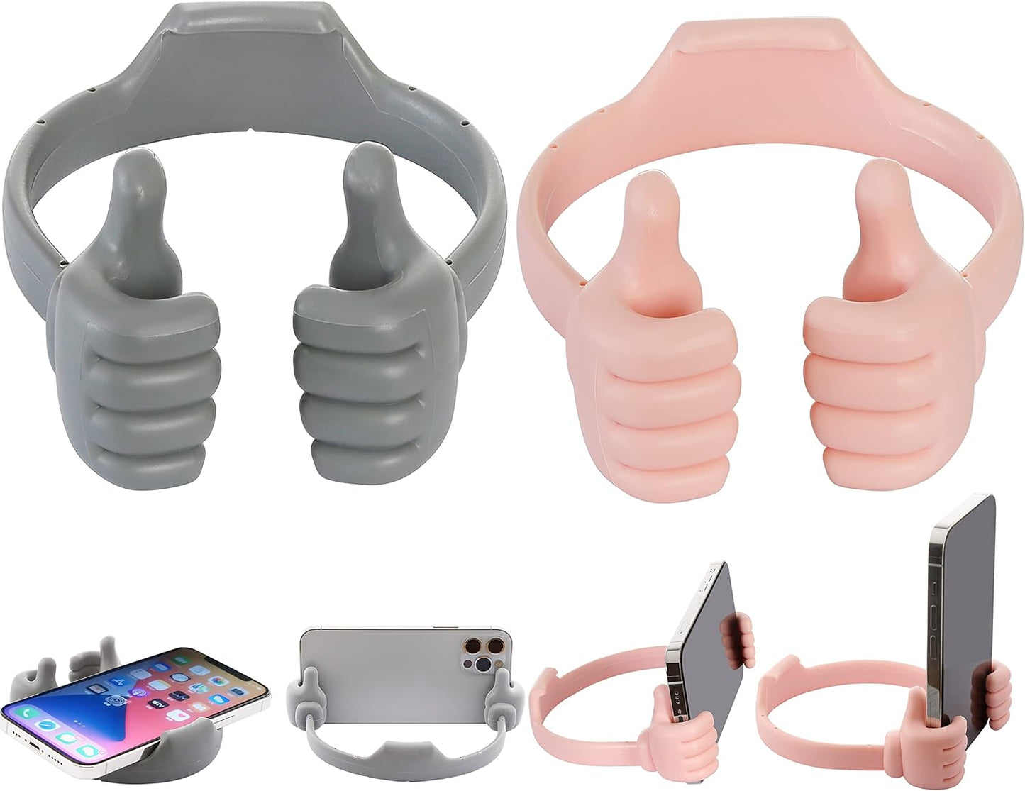 Honsky Cell Phone Stand Holder 2-Pack,Thumbs Up Lazy Phone Stand,Universal Adjustable Flexible Dock for All Phones & Tablets,Cute Stocking Stuffer Gift for Teen Girls,Grey/Pink