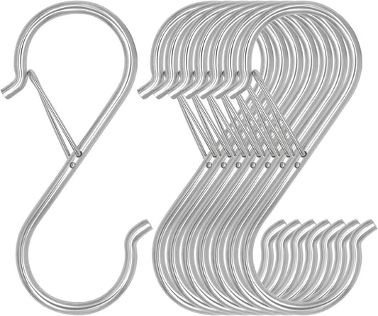 8 Pack S Hooks for Hanging, 3.5 inch Heavy Duty S Hooks with Safety Buckle S Shaped Hooks Kitchen Pot Rack Hooks Closet Hooks for Hanging Plants, Clothes, Kitchen Utensil, Bags (Silver)
