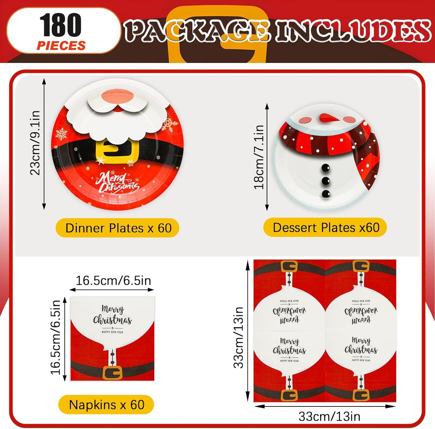 180Pcs Christmas Party Supplies Paper Plates and Napkins Serve 60 Disposable Tableware Set for Birthday Party Decorations Game Day Family School Holiday Sports Events