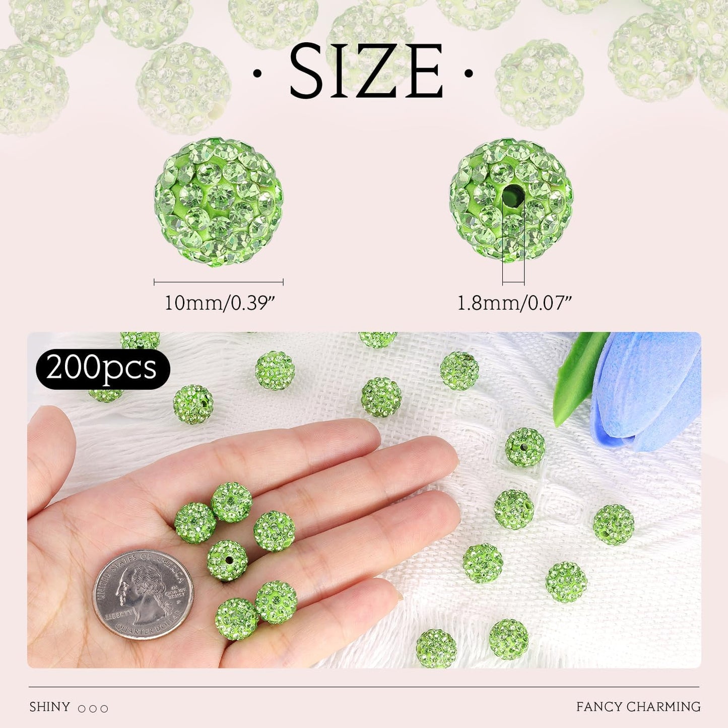 200pcs 10mm Light Green Rhinestone Beads for Jewelry Making, Shiny Round Shamballa Disco Ball Beads, Sparkle Crystal Clay Christmas for Bracelet Baseball Necklace Earring Crafting and DIY