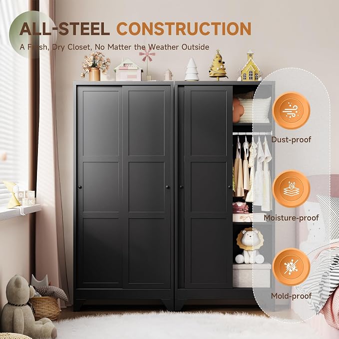 Letaya Metal Sliding Door Wardrobe Cabinets, Narrow Slim Coat Closet Cabinet - Image 8