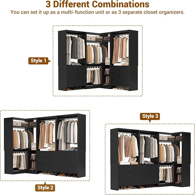 Aheaplus Closet System with 6 Drawers, 4 Hanging Rods & Corner Tower, Corner - Image 3