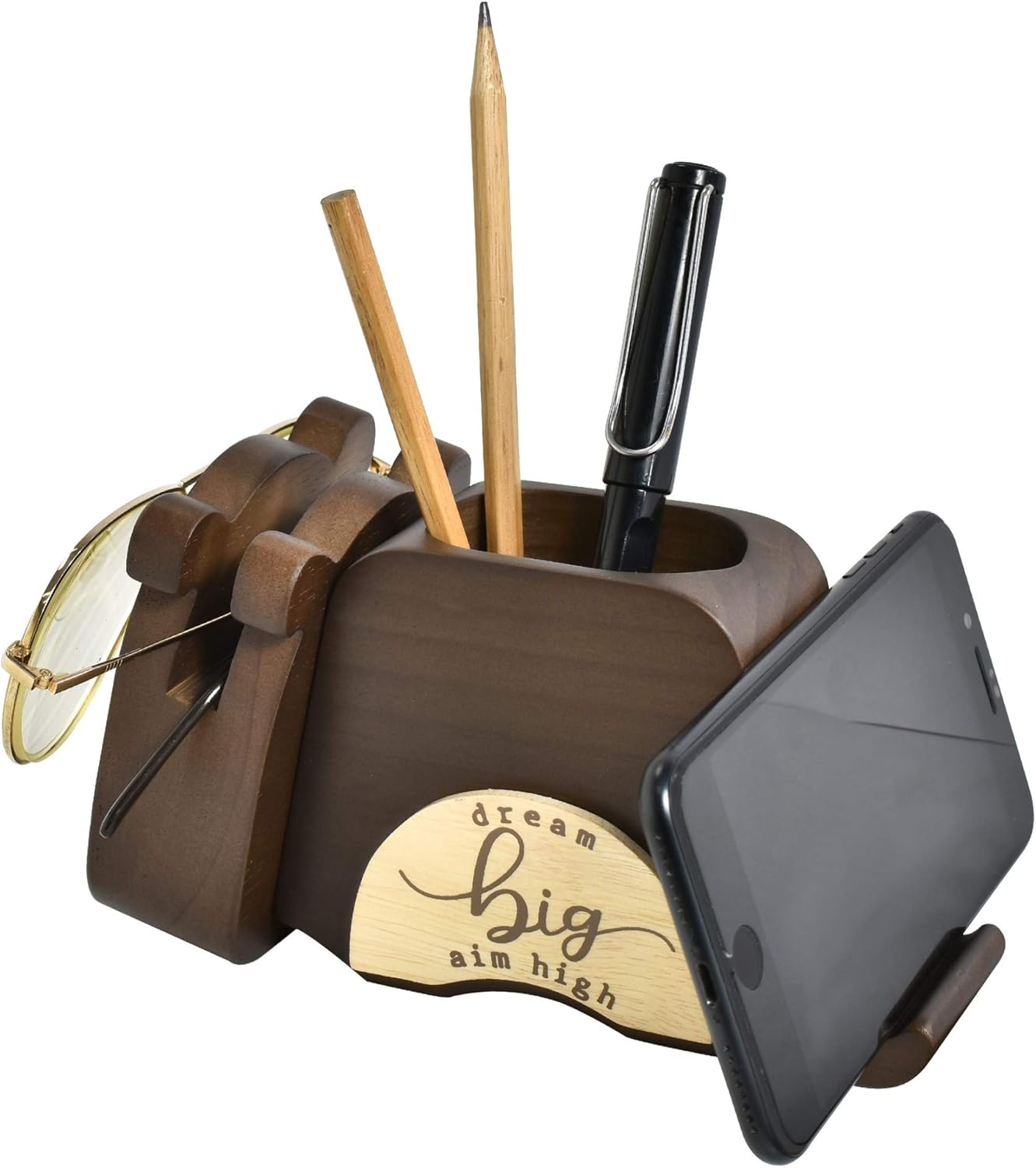 I'm Wood Multipurpose Eyeglass Phone Pen & Pencil Holder Stand Stationery Desk Organizer Accessories, For Home Office Desktop Decor Birthday Graduation Gifts “Dream Big Aim High” (Dog)