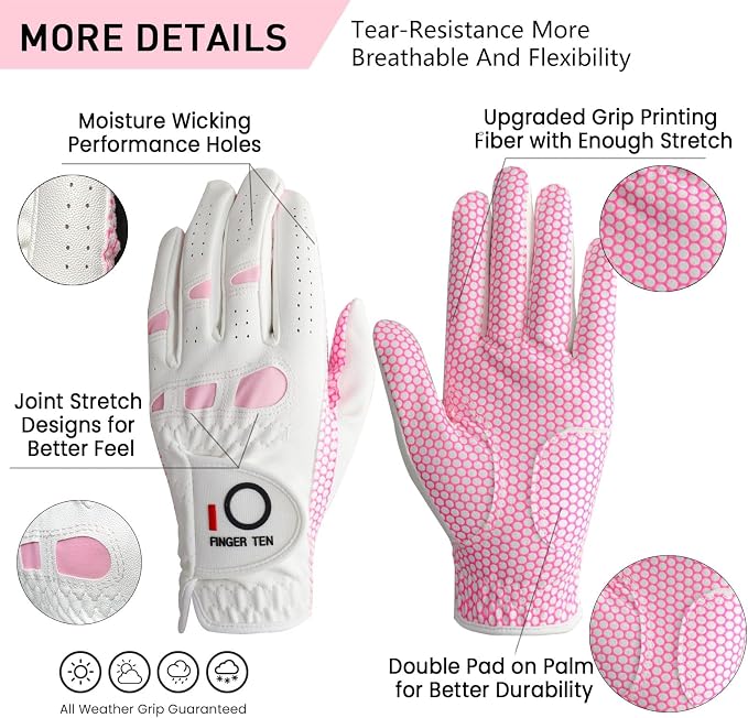 FINGER TEN Women’s Golf Gloves Ladies Left Hand Right Handed Golfer Value 6 Pack - Image 3