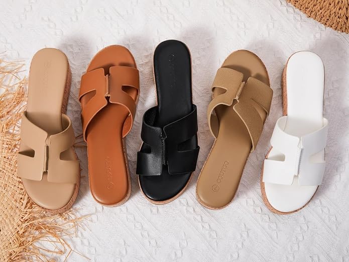Coutgo Women's Platform Wedge Sandals Open Toe Slip On Slides Cork Heeled - Image 6