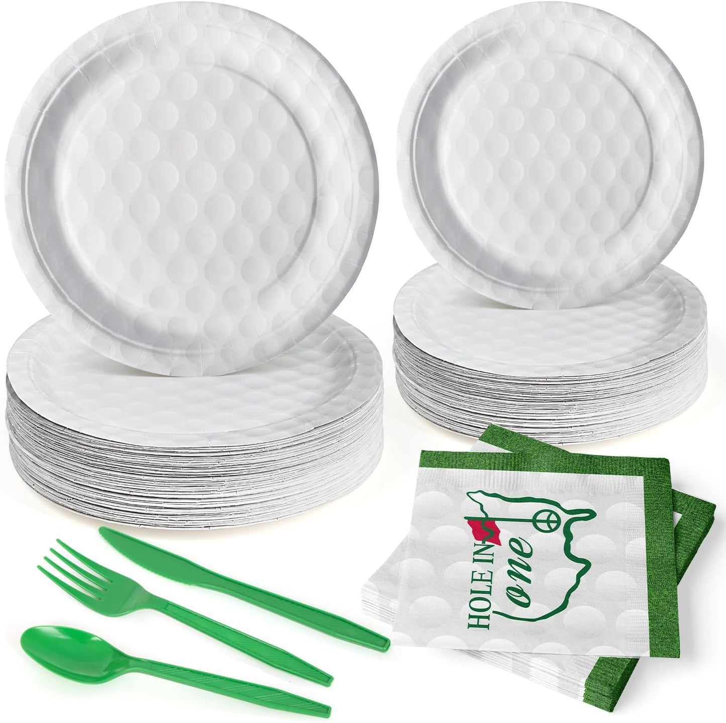 144 Pcs 3D Golf Ball Party Supplies Paper Ball Plates and Napkins Dinnerware Set Tableware Supplies Includes Paper Plates Napkins Forks Serve 24 for Birthday Sports Party decorations