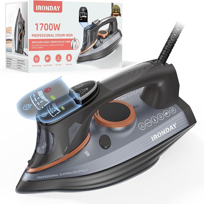 Steam Iron for Clothes with LCD Screen, 1700W Iron Non-Stick Ceramic Soleplate by IRONDAY