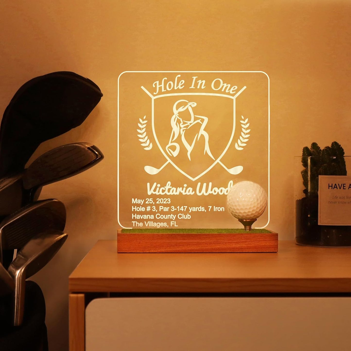 Hole in One Golf Ball Display Case, CoolGift Mart Personalized Light Up Golf Ball Holder Memorabilia Display and Storage, Wooden Acrylic Accessories with Warm White Color Lights, Gift for Golfers