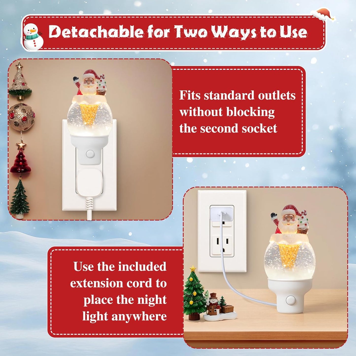 2 Pack Christmas Santa Night Light Plug into Wall Glitter Water Nightlight with USB/Outlet Options, Christmas Decorative Nightlight for Bedroom Kitchen Holiday Decorations Gifts (Santa Ice Cream)
