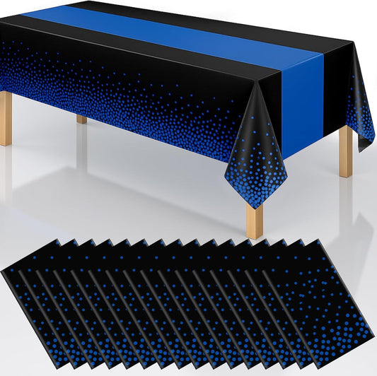 2in1 Disposable Plastic Tablecloths 54" x 108" Black and Blue Dot Kitchen Table Cloth Rectangle Table Cover for Wedding Birthday Baby Shower Anniversary Christmas Graduation (Black/Blue, 16 Pack)