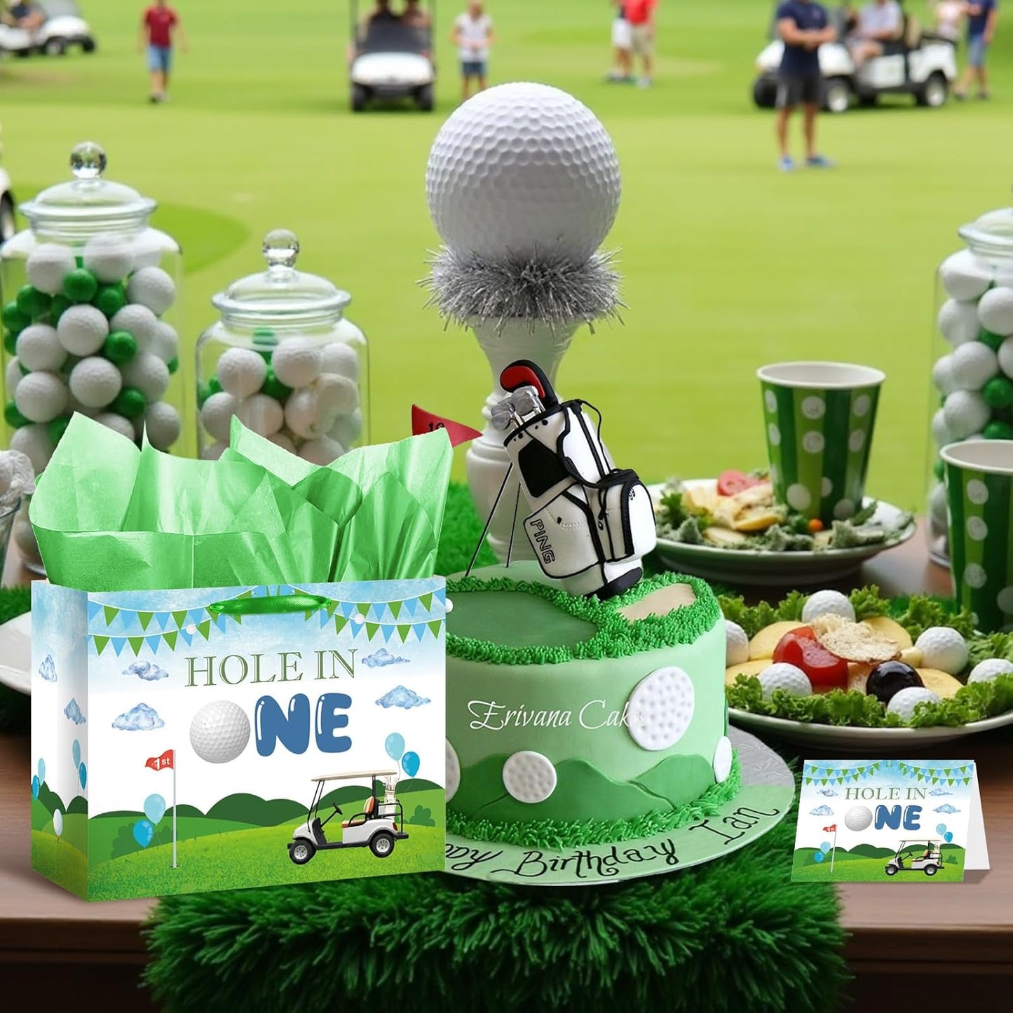 Hole in One Birthday Decorations Hole in One Gift Bag Golf First Party Bag Green 1st Birthday Wrapping Bag with Greeting Card and Tissue Papers for Boys Girls Newborn Baby Shower One Year Old Themed Bday Party Supplies