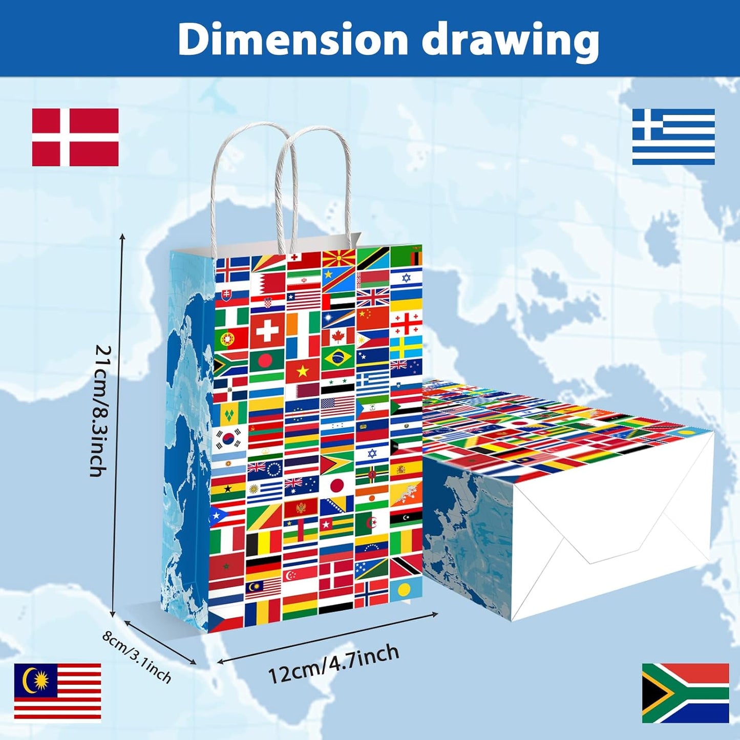12 Pcs World Country Flags Party Supplies Bags International World Birthday Party Goody Bags Travel Trip Around the Globe Birthday Retirement Paper Bags Party Decorations Party Gifts