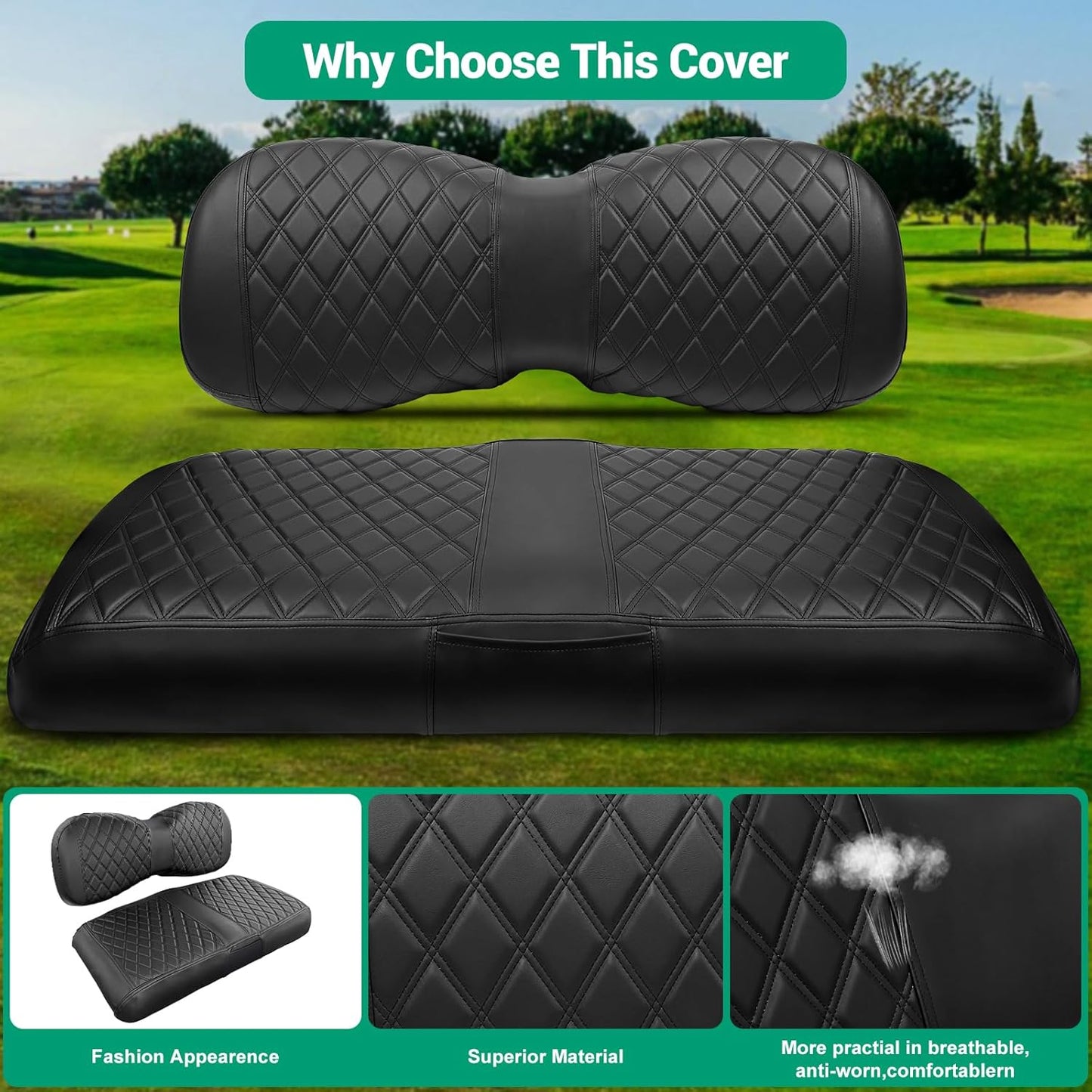 iLSKW Golf Cart Seat Cover for Yamaha G29 / Drive, Premium Marine Leather, Diamond Stripe with Black Stitching Soft Comfortable to Upgrade No Stapler