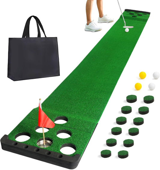 Golf Putting Game Set with Front Border for Indoor & Outdoor,Golf Putting Green Mat Include 4 Balls,1 Portable Bag,2 Flags&Cups,Practice Training Aid for Backyard,Party,Office