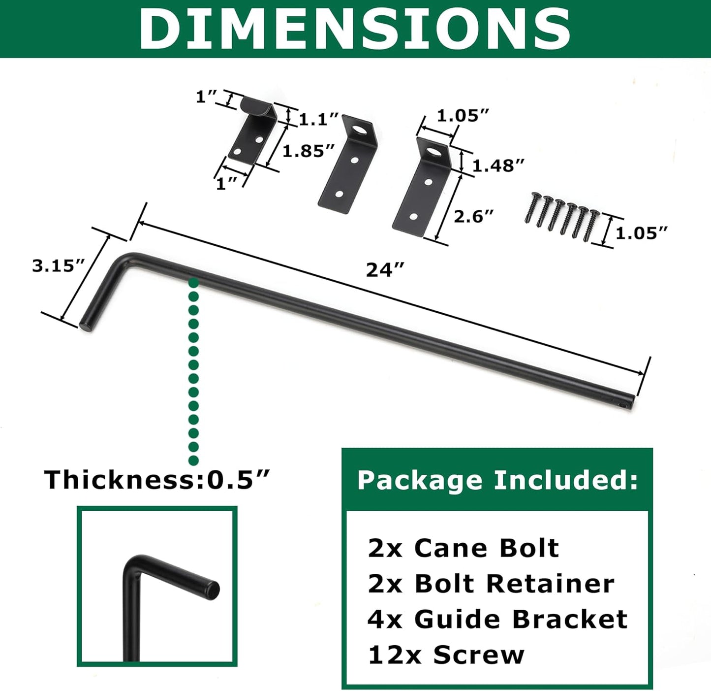 24" Heavy Duty Cane Bolt Gate Drop Rod with Upgraded Design, Square Drop Rod Kit for Double Gate Wood PVC Vinyl Metal Yard Gate Latch-2 Pack