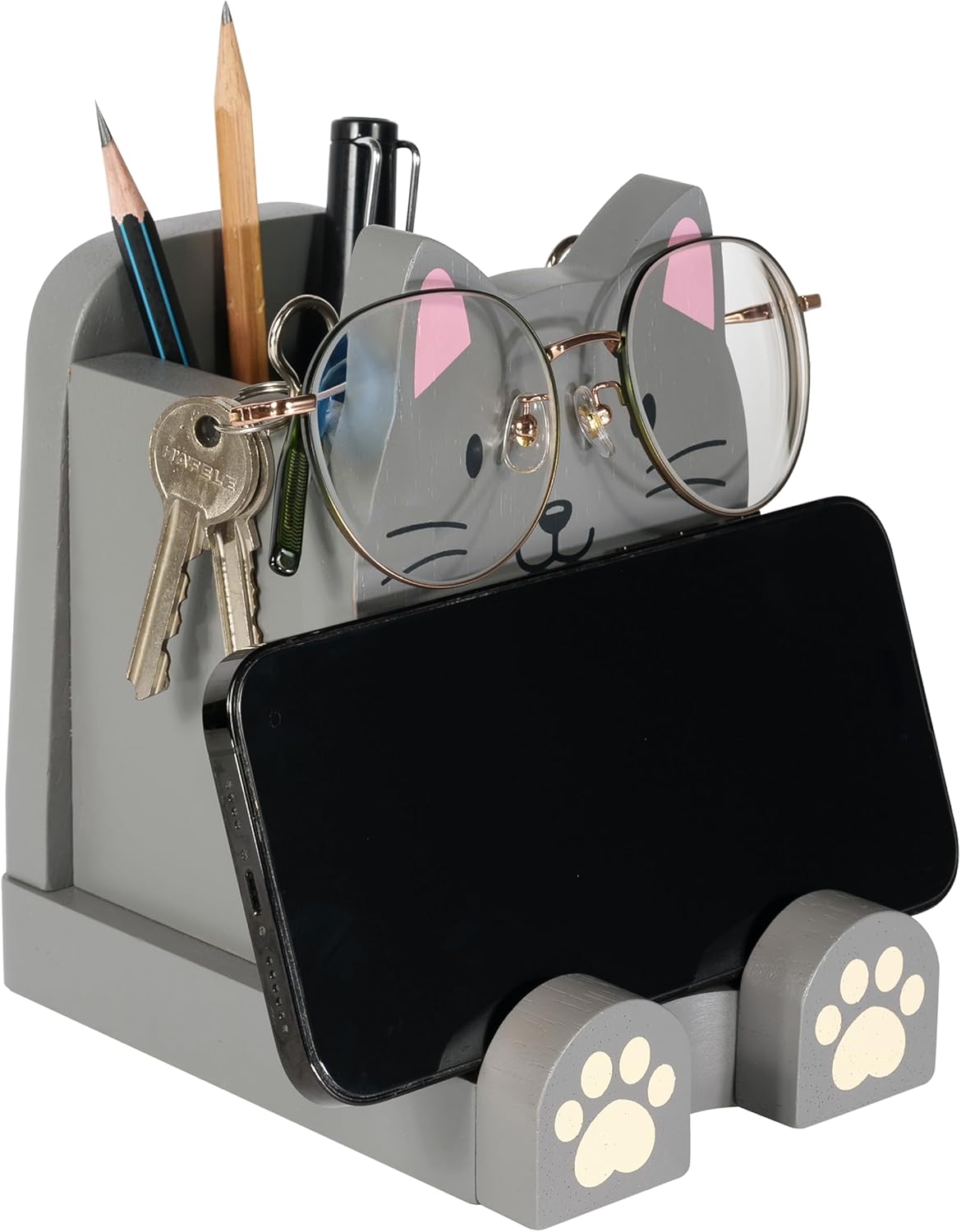 I'm Solid Wood Multipurpose Eyeglass Phone Pen & Pencil Holder Stand Stationery Desk Box Organizer Accessories Decor,Home Office Desktop Decoration Birthday Graduation Gifts for Cat Lovers (Kitty)