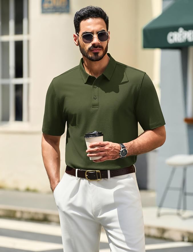 TACVASEN Mens Polo Shirts Short Sleeve Pique 3 Buttons Golf Polo Cooling - Image 2