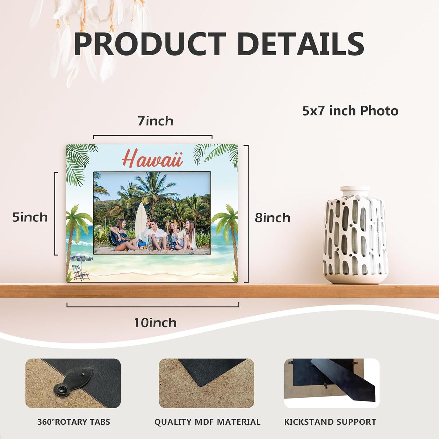 Hawaii Picture Frame 5x7, Beach Photo Frame, Gifts for Hawaii Trip, Travel PhotoFrame, Holiday Gifts for Family Couples Friends Wooden Picture Photo Frames for Desk Home Room Decor